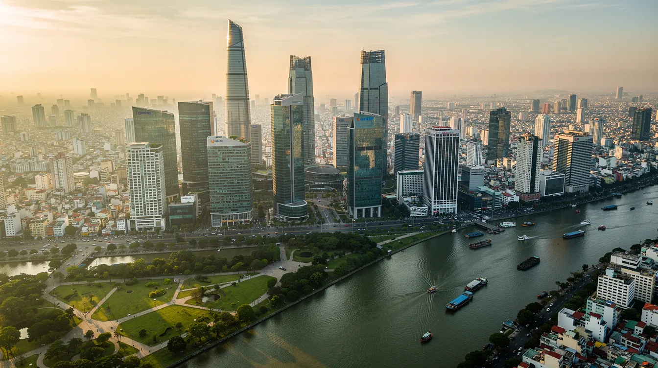 An aerial view of Ho Chi Minh City showcases a vibrant skyline filled with modern skyscrapers alongside the winding river. This bustling urban landscape reflects Vietnam's economic growth and the presence of major banks, including Vietnam's largest private banks, contributing to the country's dynamic banking sector.