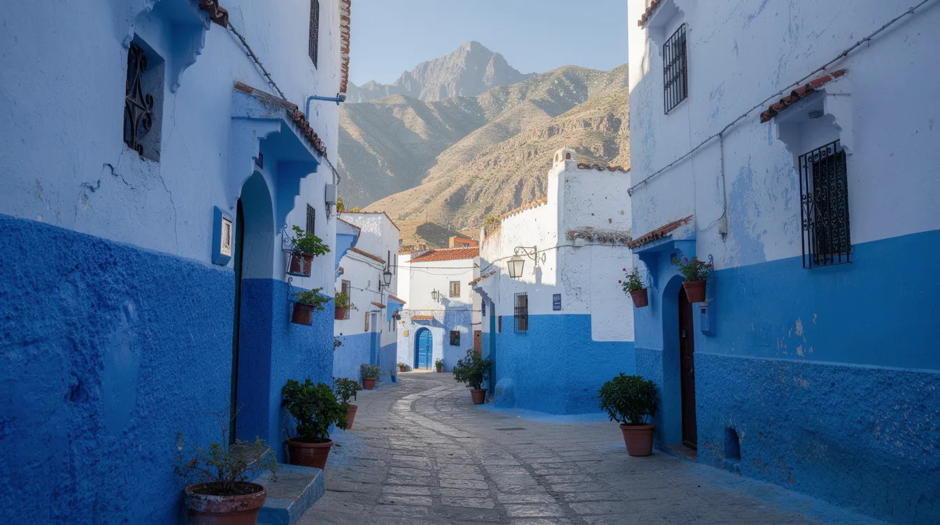 The image depicts the charming blue lanes of Chefchaouen, with the stunning Rif Mountains in the background, showcasing the unique architecture and vibrant colors typical of Morocco. This picturesque scene invites visitors to explore the rich history and culture of this North African city, making it a perfect spot for those looking to visit Morocco.