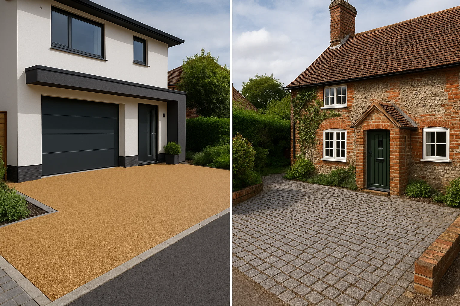 Comparison of driveway designs for modern and traditional homes.