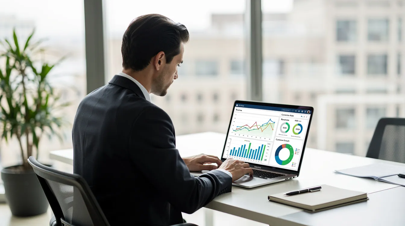 A professional is seated at a desk in an office filled with natural light, intently reviewing various charts and dashboards displayed on a laptop screen, likely related to an LMS implementation project. The environment suggests a focus on analyzing data to support a successful implementation plan for a new learning management system. A professional is seated at a desk in an office filled with natural light, intently reviewing various charts and dashboards displayed on a laptop screen, likely related to an LMS implementation project. The environment suggests a focus on analyzing data to support a successful implementation plan for a new learning management system.