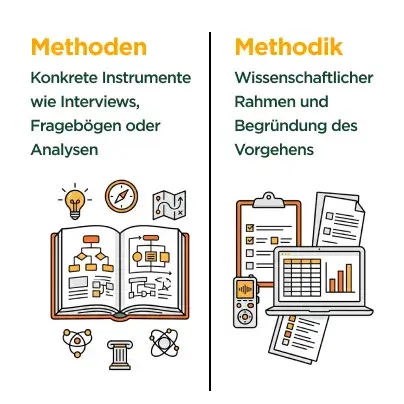 Infografik zum Unterschied zwischen Methoden und Methodik in der Masterarbeit