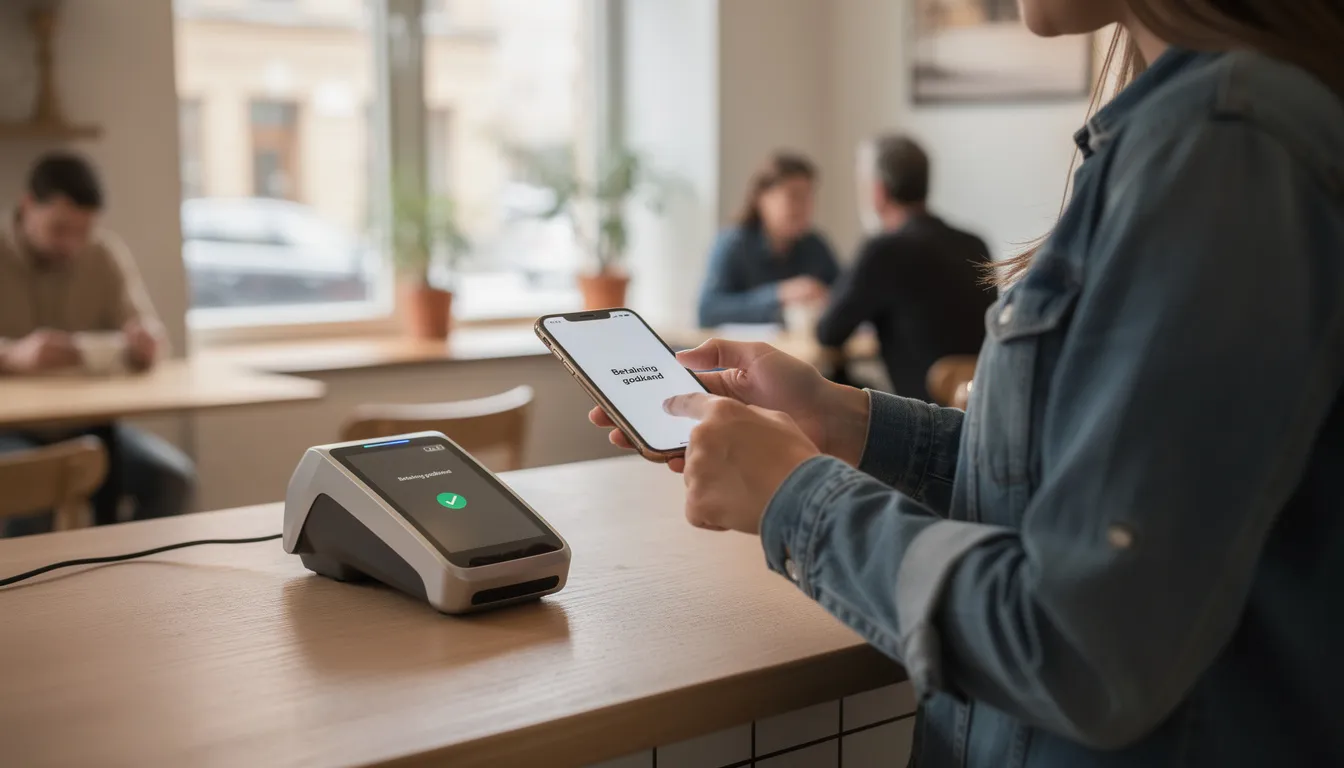 En person använder sin mobiltelefon för att göra en betalning, vilket kan vara en insättning hos Momang casino. Mobilen visar en app där man kan sätta in pengar enkelt via Swish, vilket är en populär metod för snabba uttag och insättningar på den svenska marknaden.