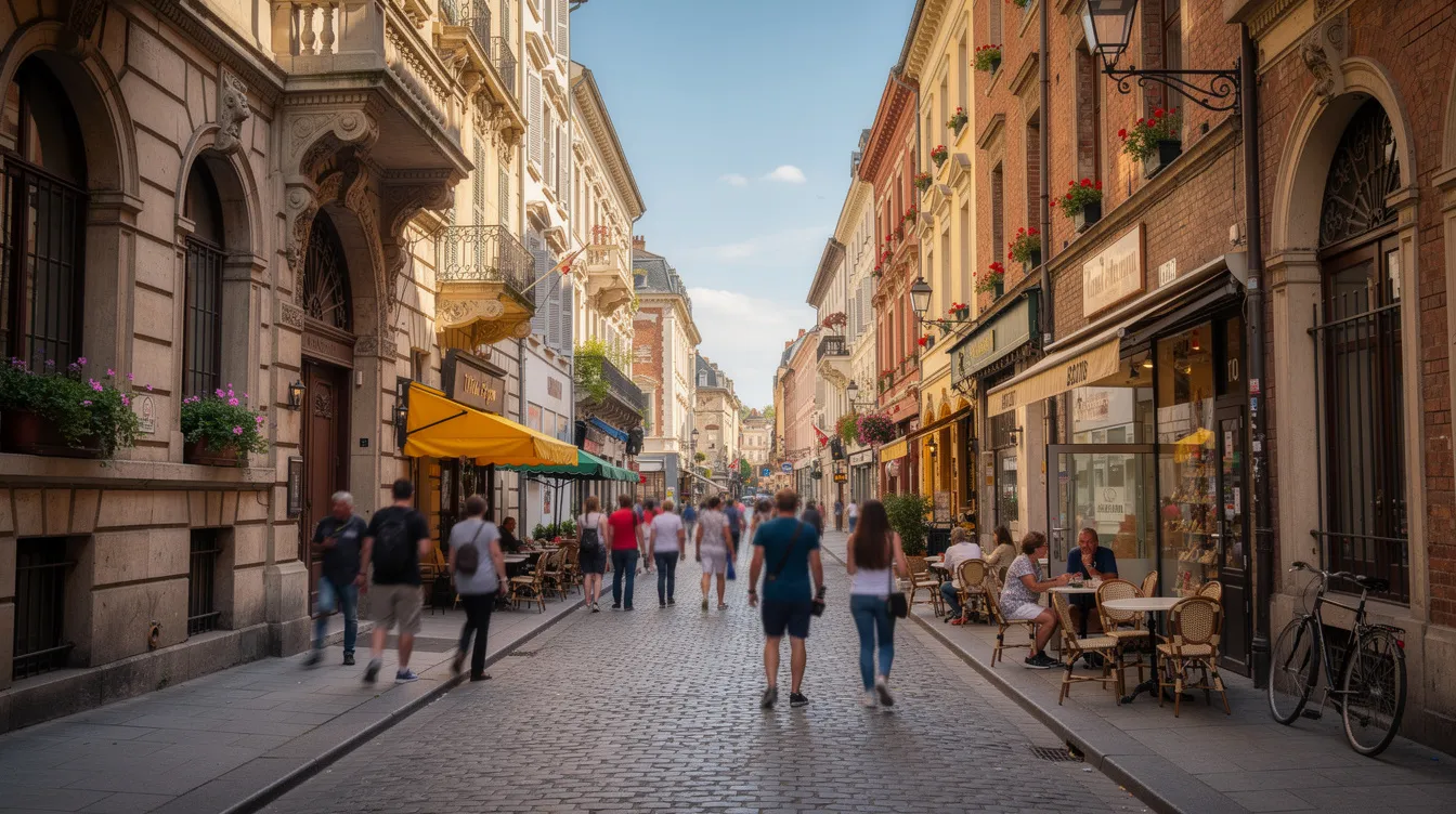 A picturesque European street scene with historic architecture, outdoor cafes, and tourists strolling along a charming cobblestone road in a popular Schengen country. The image captures the leisure travel experience that tourist visa applicants plan to enjoy.