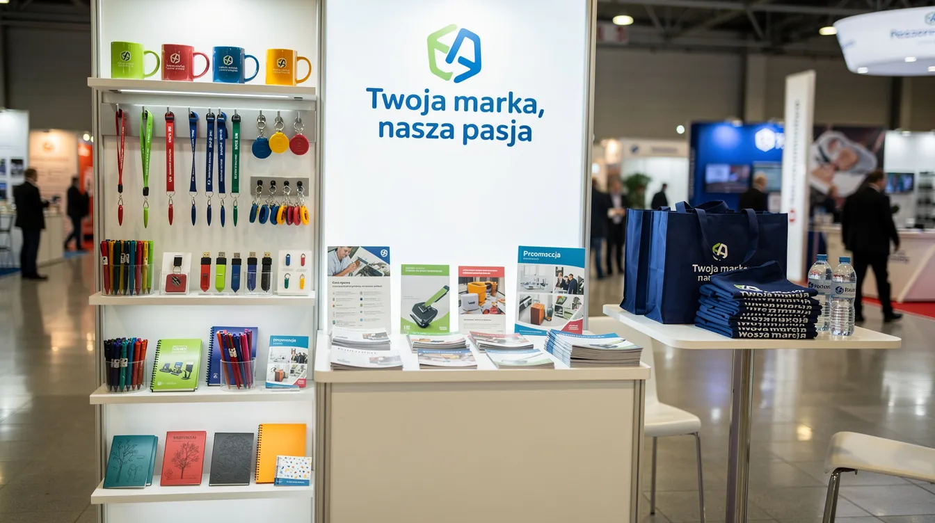 Na zdjęciu znajduje się stoisko targowe, na którym prezentowane są różnorodne materiały promocyjne oraz gadżety reklamowe na zamówienie. W tle można dostrzec osoby zainteresowane ofertą agencji reklamowej, które rozmawiają o możliwościach współpracy i strategiach marketingowych dla swojego biznesu.