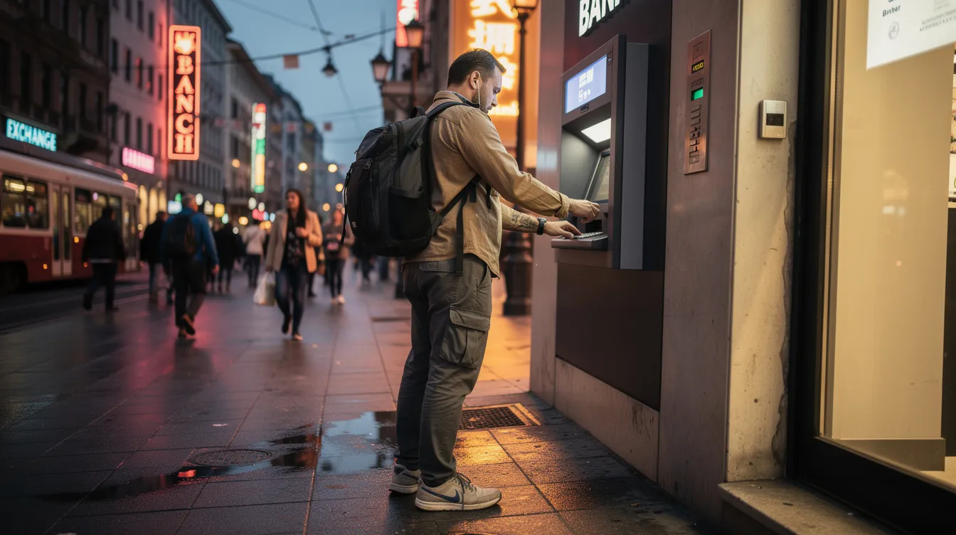A traveler stands in front of an ATM machine on a bustling foreign street, preparing to withdraw cash for local expenses. The scene captures the essence of international travel, highlighting the importance of services like Wise and Revolut for low-cost international transfers and managing multiple currencies.