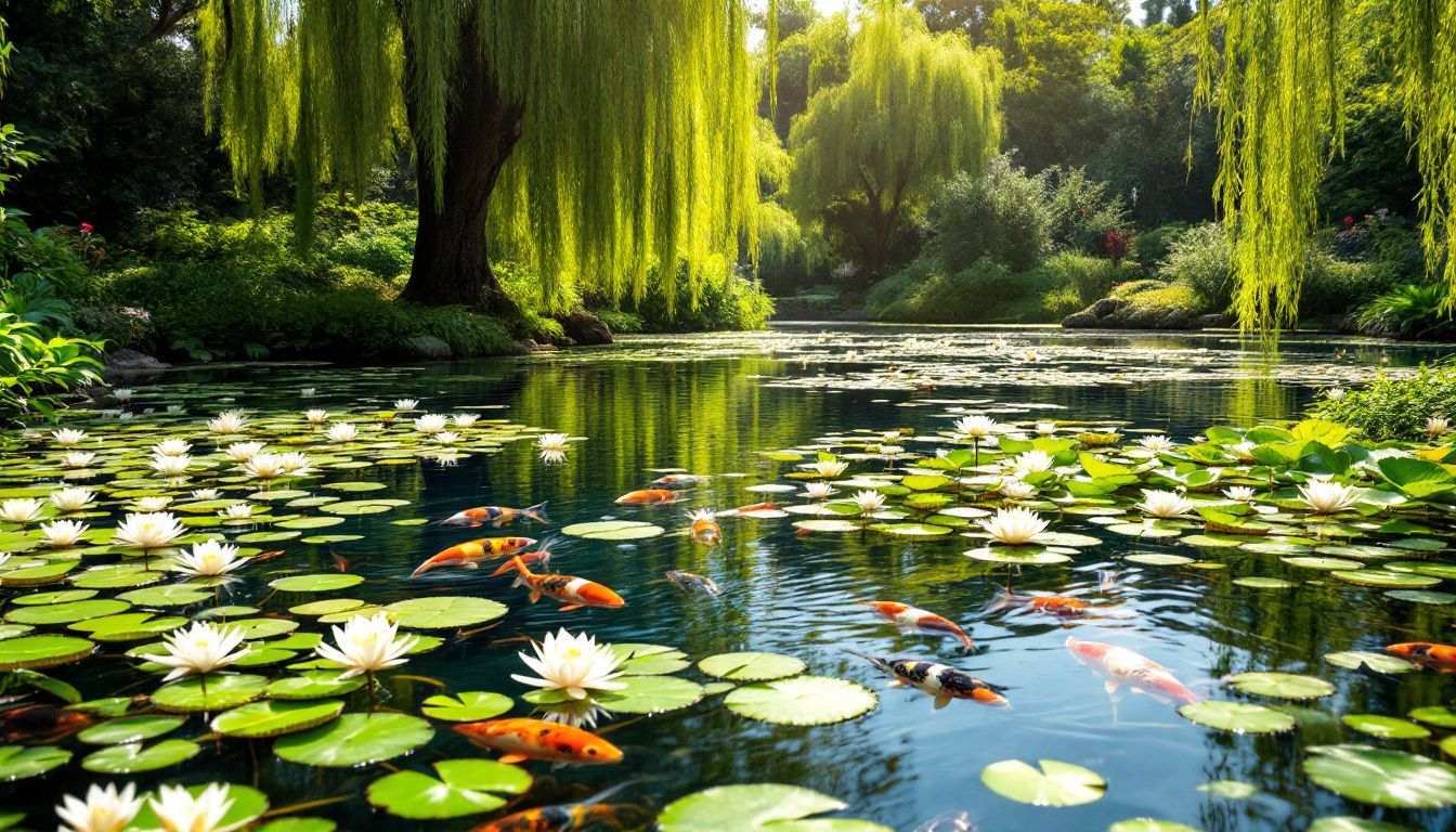 A well-maintained koi pond with healthy plants and clear water, representing ideal pond conditions.