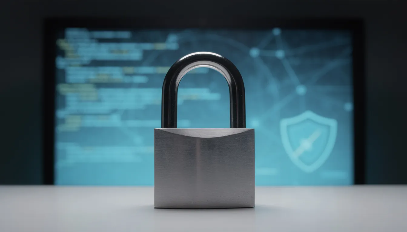 En bild av ett hänglås framför en datorskärm som symboliserar online-säkerhet, vilket är viktigt för spelare som vill skydda sina konton och insättningar när de spelar på online casinon som hos pelaa.