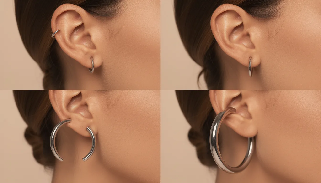 The image displays a grid showcasing four different sizes of hoop earrings on ears, from small huggies to large statement hoops, highlighting the size comparison. Each pair is crafted from high-quality materials, including rose gold and sterling silver, making them suitable for sensitive skin with hypoallergenic properties.