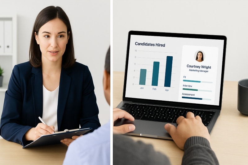 Split-screen image showing a contrast between traditional and modern hiring methods. On the left, a professional woman in a navy blazer conducts a face-to-face interview using a clipboard. On the right, a person reviews a digital hiring dashboard on a laptop, displaying analytics, a candidate profile, and a bar chart titled "Candidates Hired."