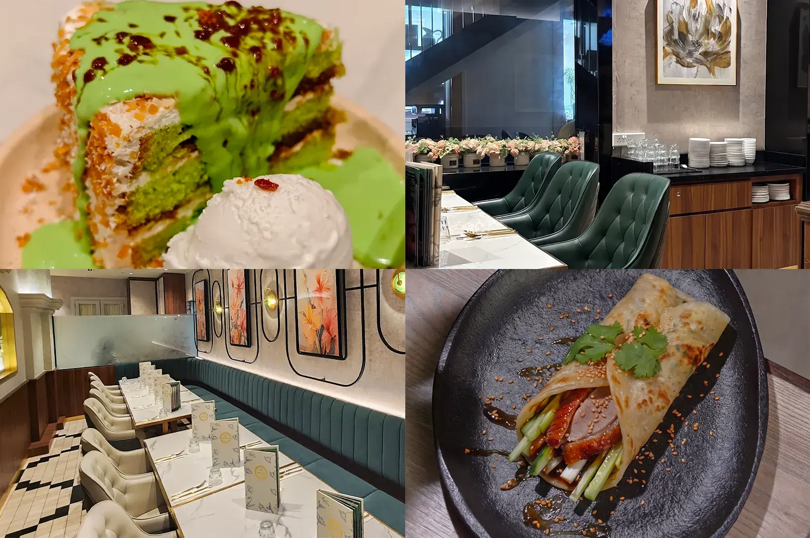 A collage showcasing The White Label restaurant, featuring its elegant interior with green booth seating, a serving of pandan cake dessert, and a roasted duck wrap appetizer.