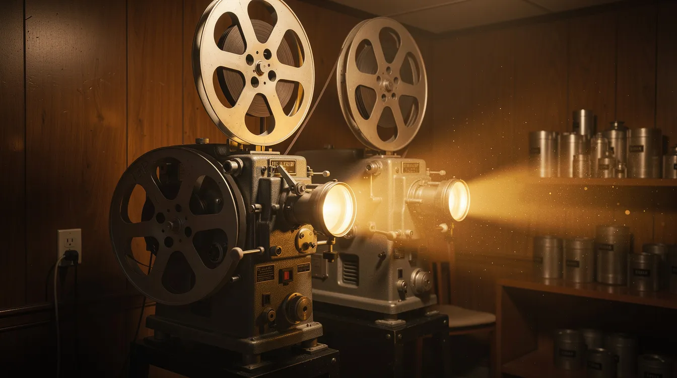Ein nostalgischer Kinovorführraum mit zwei großen Metallprojektoren, an denen große Filmspulen montiert sind. Die warmen Lichtverhältnisse und die holzgetäfelten Wände schaffen eine einladende Atmosphäre, die an vergangene Filmabende erinnert.