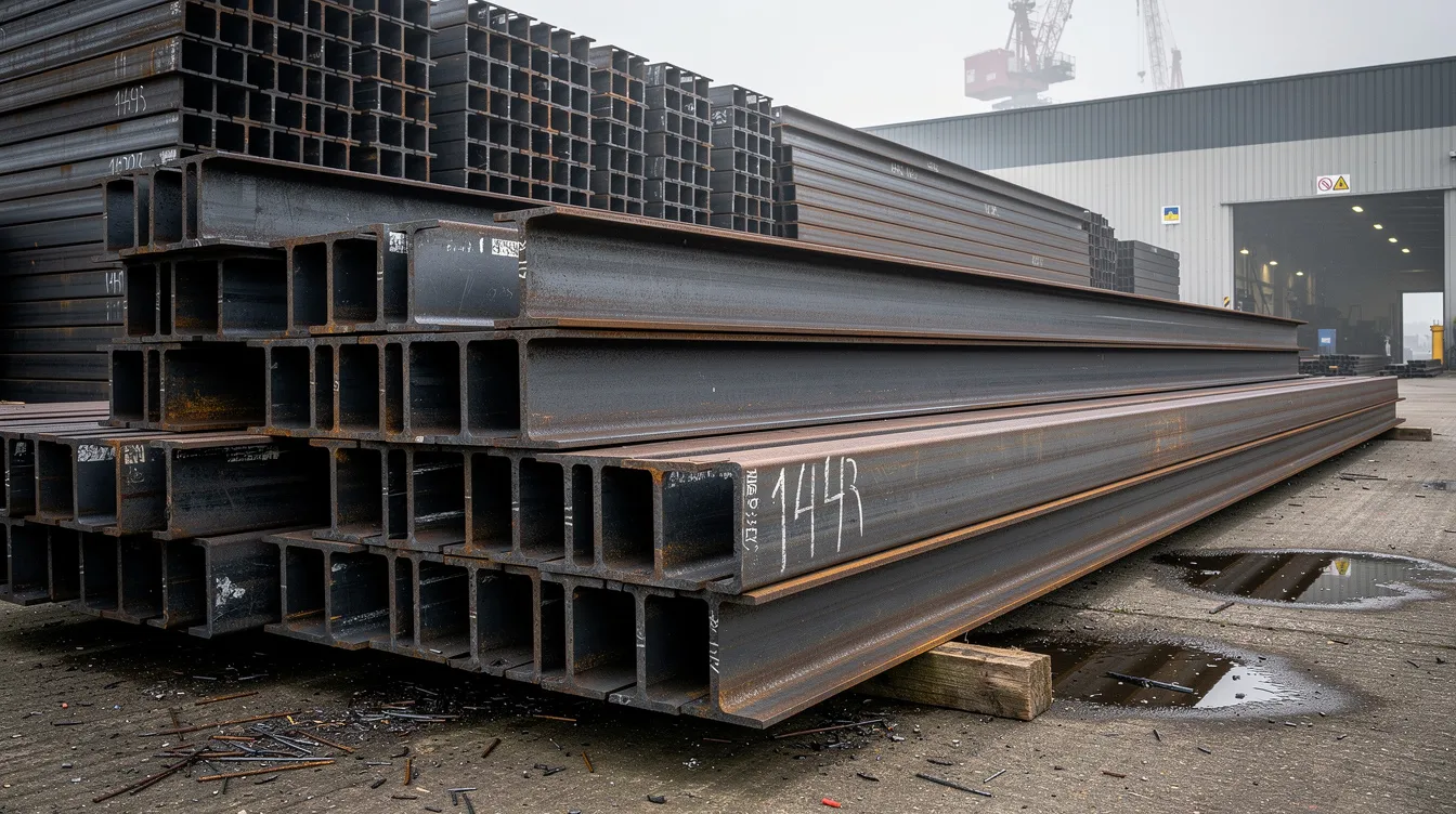 The image shows heavy steel beams and structural columns stacked in a warehouse yard, showcasing various steel types, including hot rolled and cold rolled steel. The beams have rougher surfaces typical of hot rolled products, indicating their suitability for structural applications.