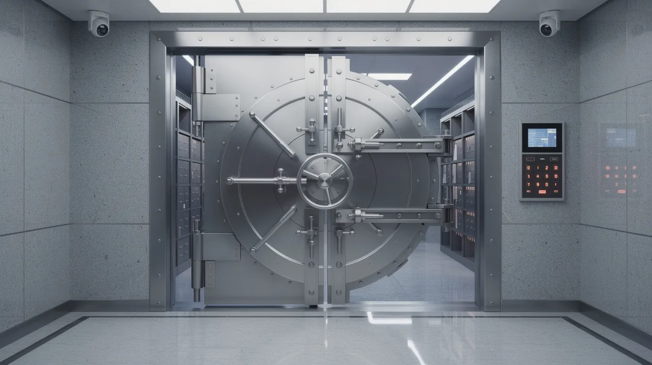 The image shows a secure metal vault door in a bank setting, symbolizing the protection of financial documents and assets. This secure environment emphasizes the importance of estate planning and safeguarding wealth for future generations.