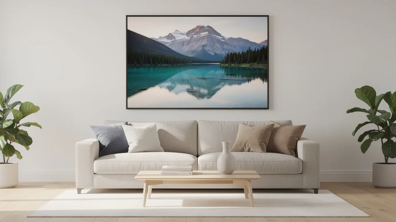A modern living room features a neutral-toned sofa beneath a large framed landscape photograph of a serene mountain lake, which serves as a stunning statement piece. The vibrant colors and depth of the fine art print enhance the space, showcasing the beauty of nature in a gallery-quality display.