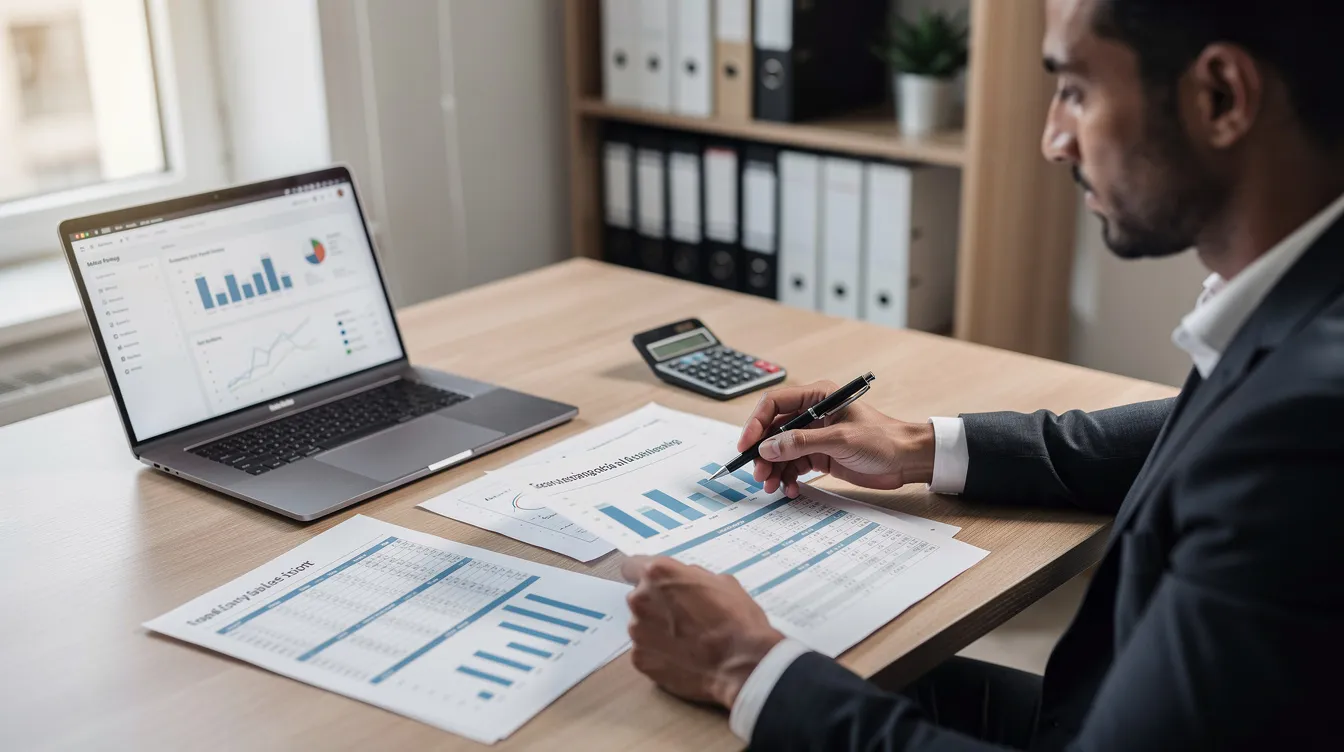 A business owner is seated at a desk, intently reviewing financial documents alongside a calculator and a laptop, reflecting the meticulous planning necessary for managing a 中小企業 in today's competitive 營 商 環境.