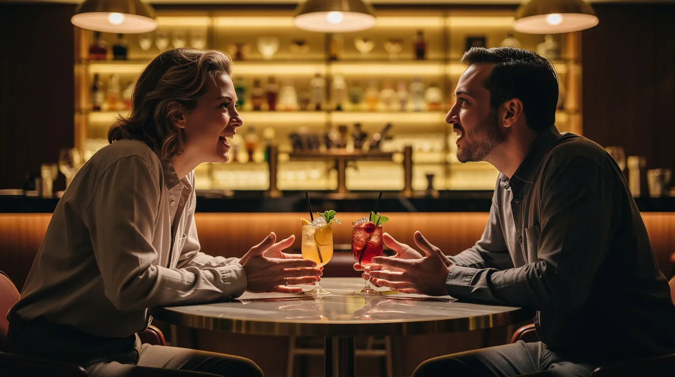 Two people are engaged in a lively conversation at a stylish bar, surrounded by warm lighting and cocktails on the table, creating an inviting atmosphere perfect for meeting singles in Los Angeles. This scene captures the essence of a fun night out, ideal for a first date or a speed dating event where new connections can flourish.