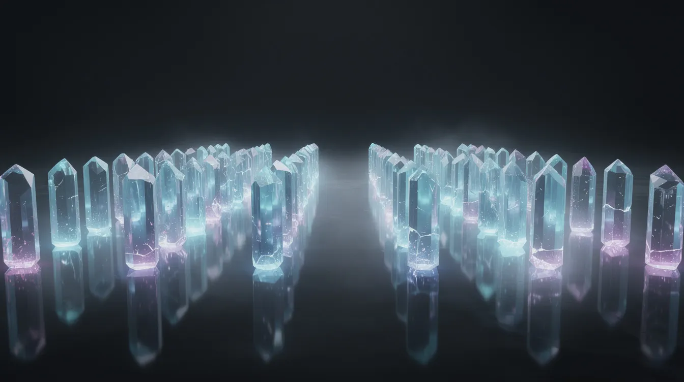 The image features rows of glowing Ethereum-style crystal shards arranged on a reflective surface, symbolizing the vibrant blockchain ecosystem and its foundational infrastructure. These shards represent the high performance and robust security of layer 1 blockchains, essential for executing transactions and enhancing transaction speed in decentralized systems.