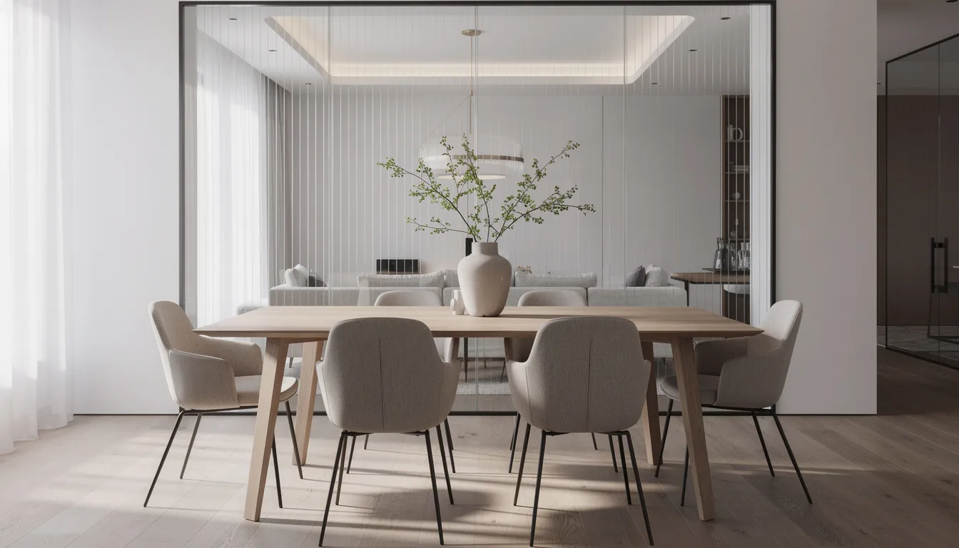 Een moderne eetkamer met een design tafel en elegante stoelen, waar op de achtergrond een glazen wandpaneel van gehard veiligheidsglas zorgt voor een luxueuze uitstraling en een ruimtelijk gevoel. De heldere glaswanden laten veel licht binnen en dragen bij aan de stijlvolle sfeer van de ruimte.