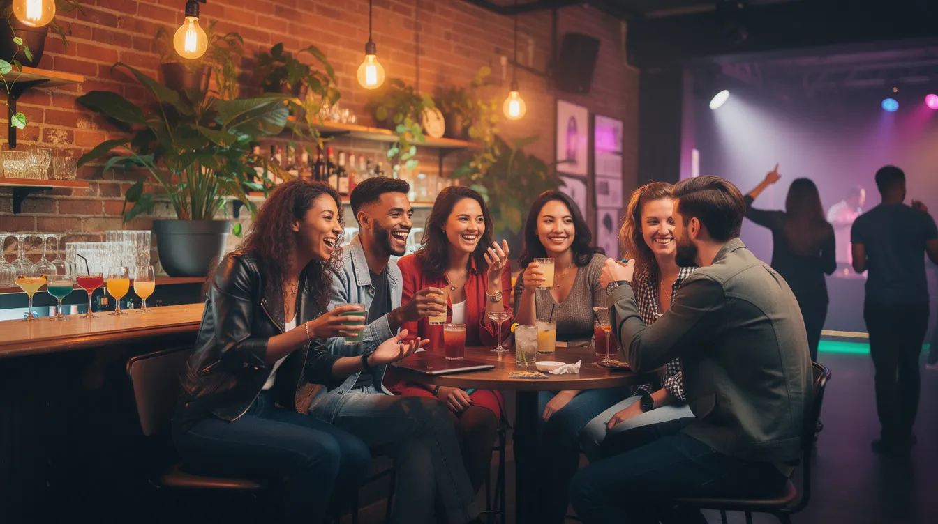 A lively group of Gen Z friends is enjoying a night out at a cocktail bar in Williamsburg, Brooklyn, where a couple engages in a close conversation amidst the vibrant atmosphere filled with laughter and the sounds of a nearby dance floor. This ideal date night spot features signature cocktails, making it a perfect place for new friends to meet and create memorable moments.