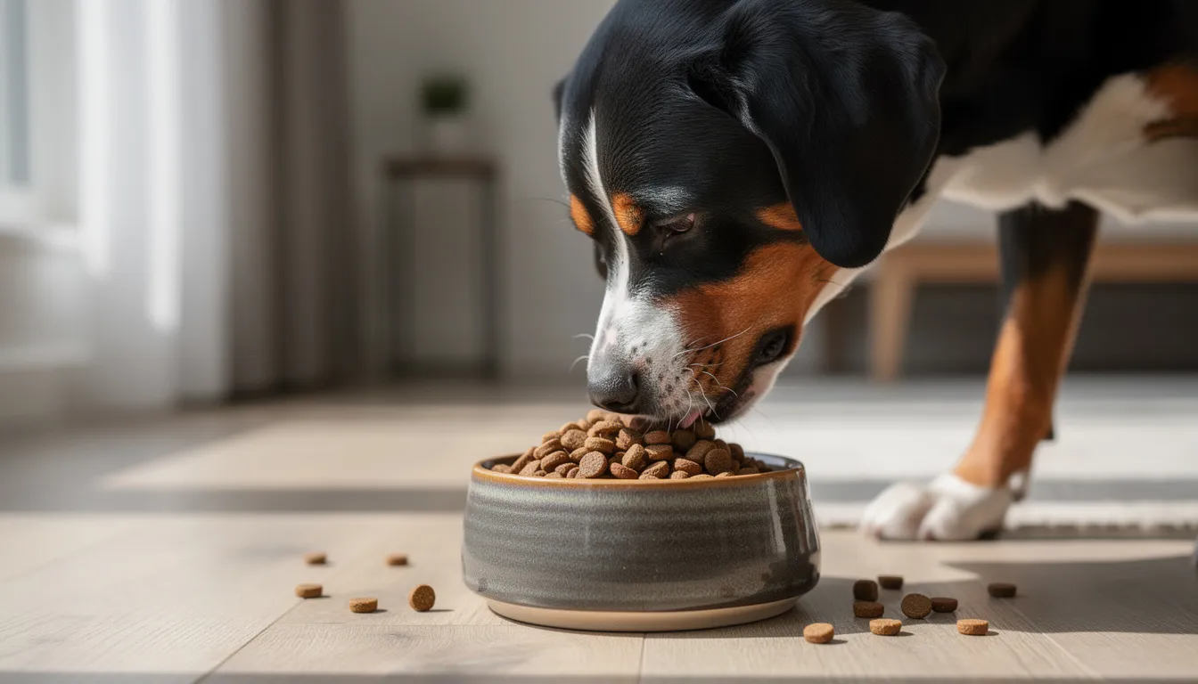 A lively Entlebucher Mountain Dog with a tricolor coat is happily eating high-quality kibble from a stainless steel dog bowl. The dog, known for its energetic and loyal nature, showcases its muscular build and triangular ears while enjoying its meal in a cozy indoor setting.