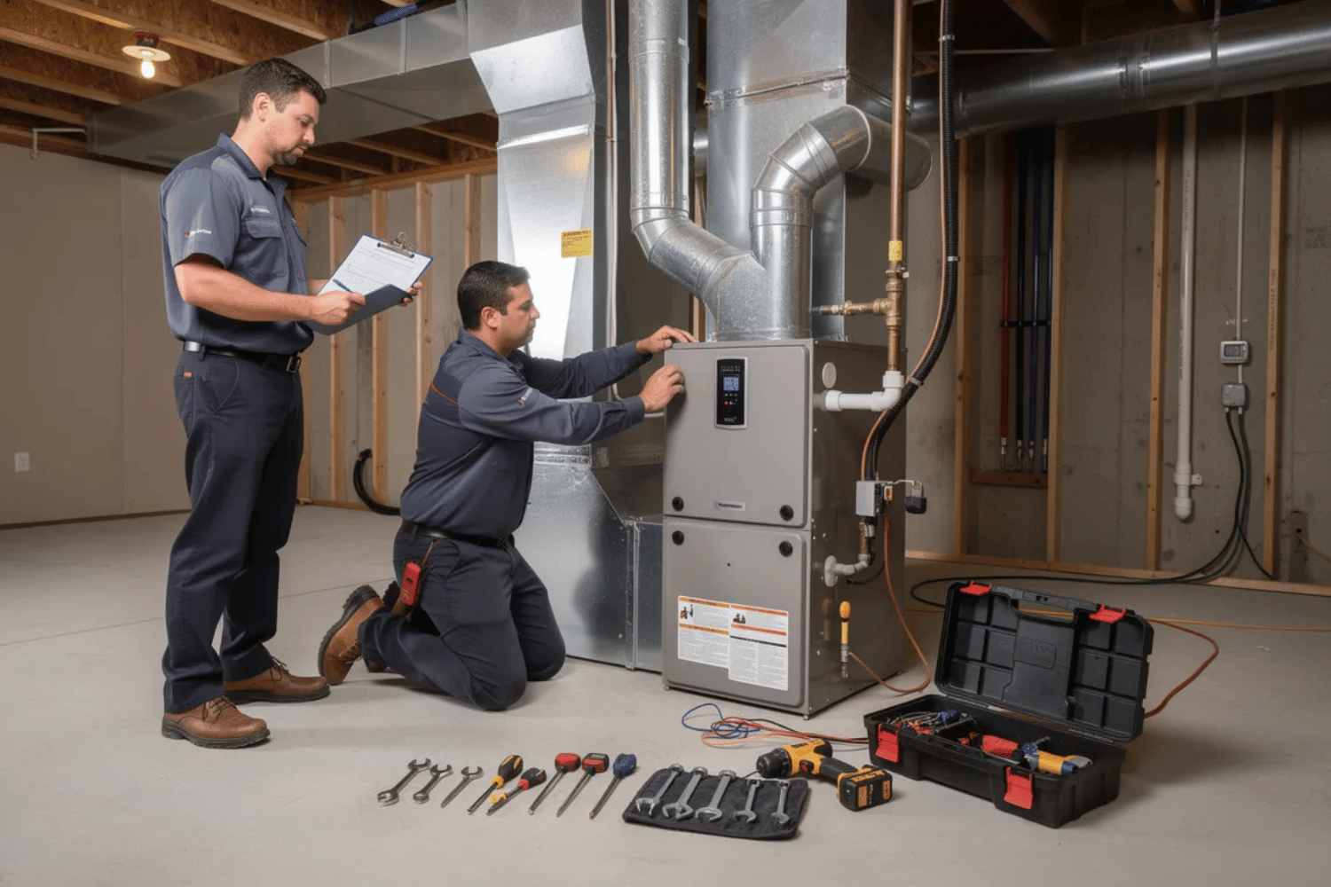 The Image Shows Hvac Technicians Carefully Installing A Modern High-Efficiency Furnace In A Home Basement, Highlighting The Importance Of Energy Efficiency In Heating Systems. This Upgrade Aims To Improve The Home'S Energy Efficiency, Leading To Significant Energy Savings And Reduced Heating Costs.