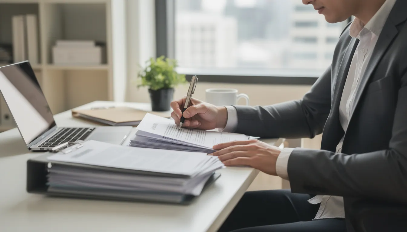 The image depicts a person sitting at a desk, carefully reviewing documents related to a workers compensation claim. The setting suggests an organized workspace, emphasizing the importance of understanding workers compensation benefits and the claim process for injured workers.