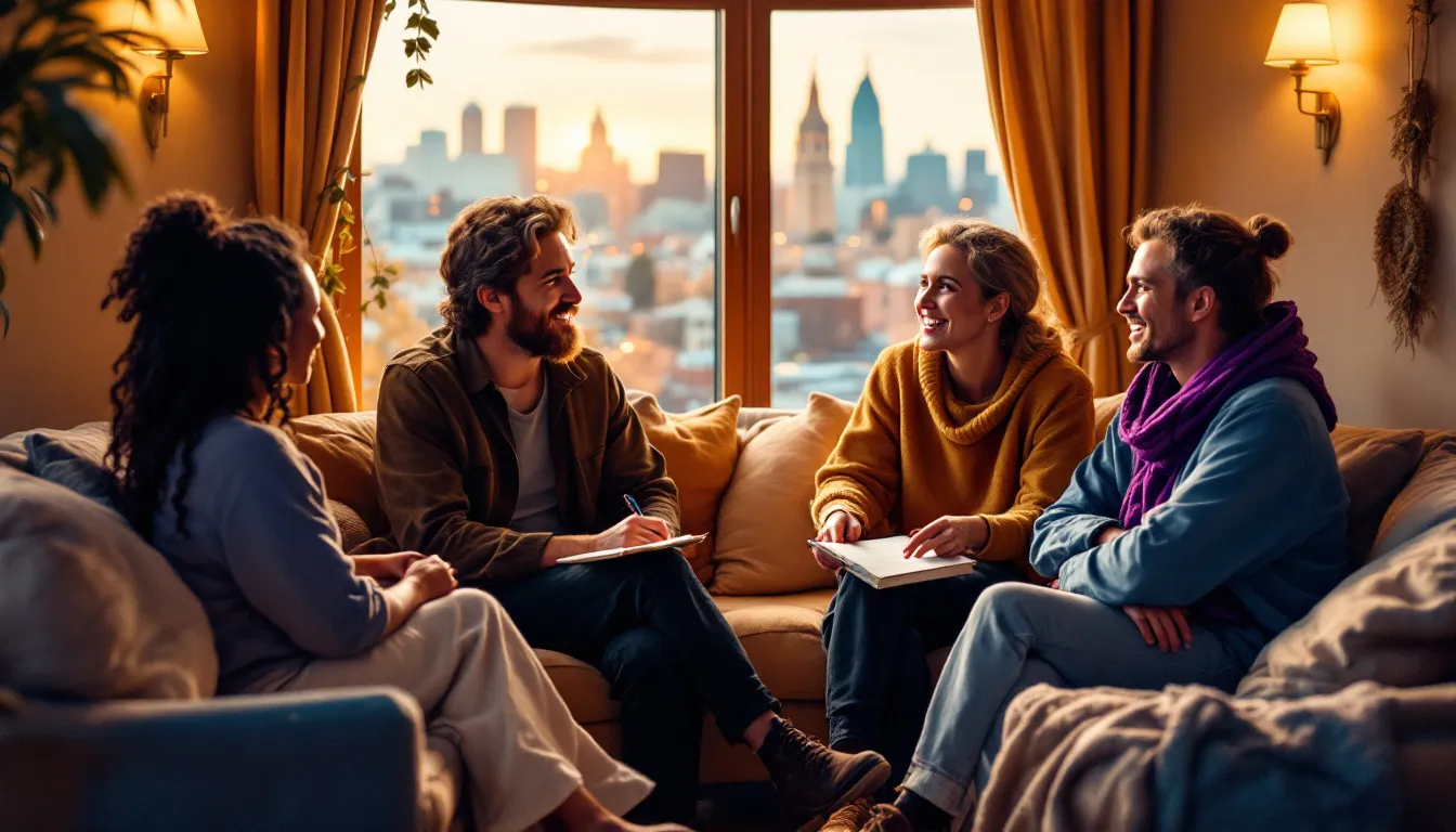 A group of people engaged in a peer support group discussion.