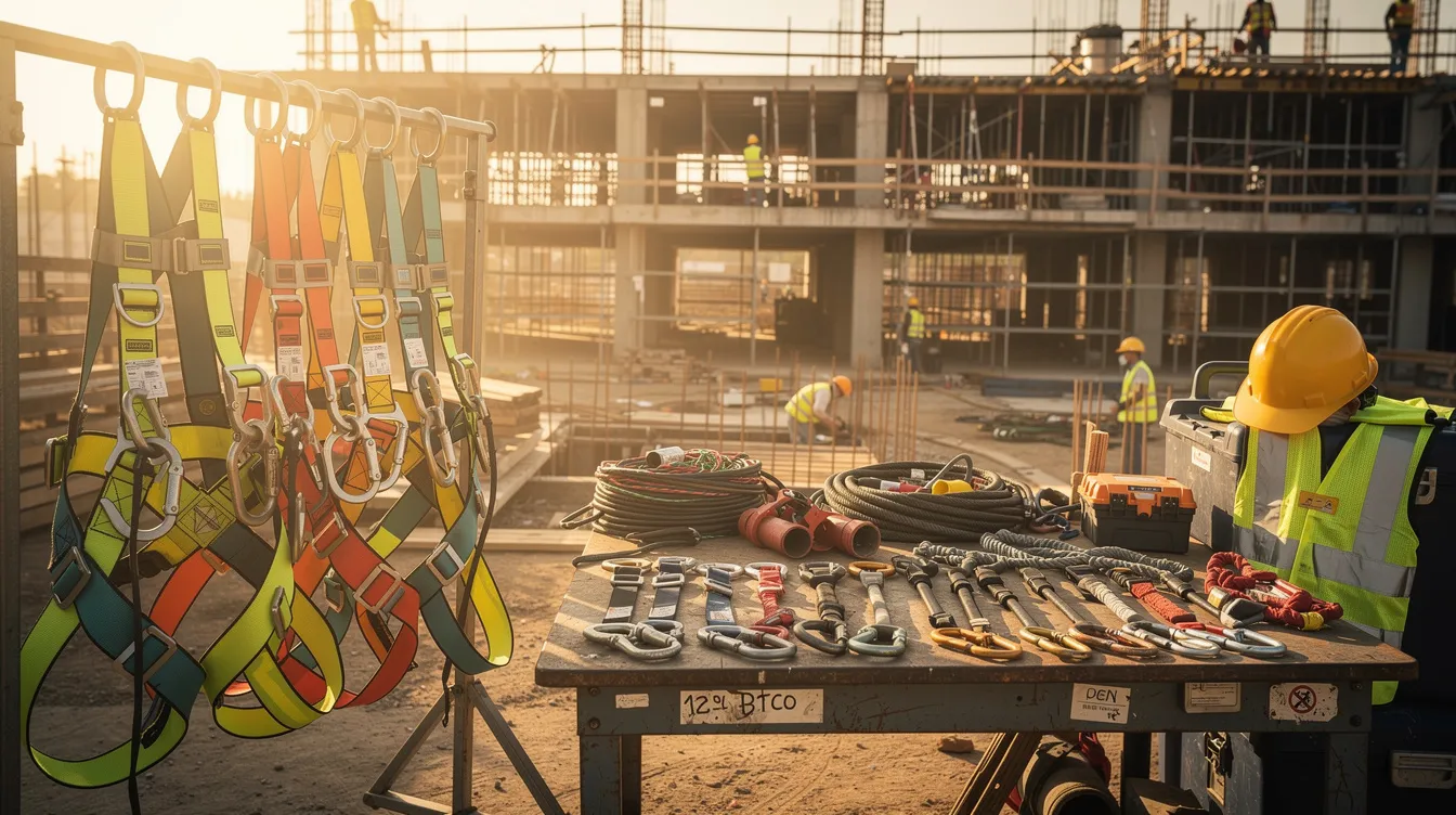 Fall protection equipment organized on a construction site.