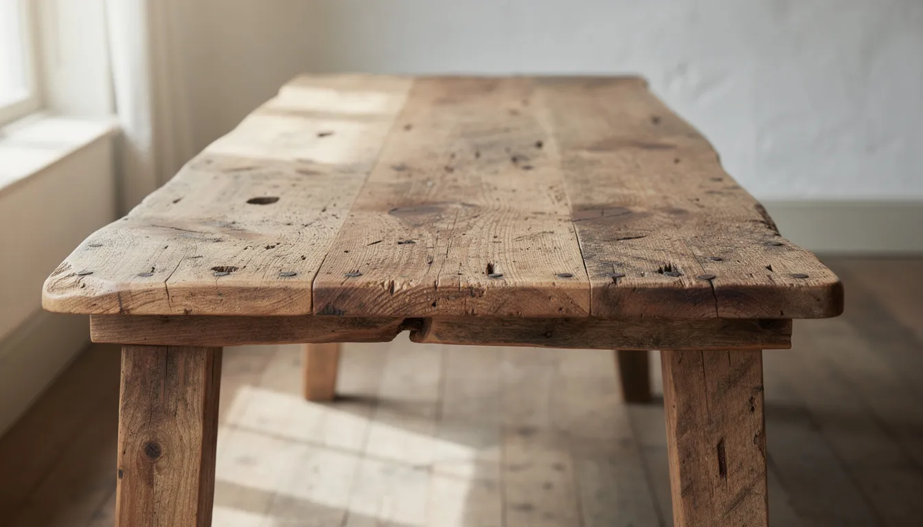 The image features a rustic dining table made from reclaimed timber scaffold boards, showcasing their sturdy construction and unique character. The table's exposed grain and slight warping highlight its quality and durability, making it a stylish centerpiece for any dining area.