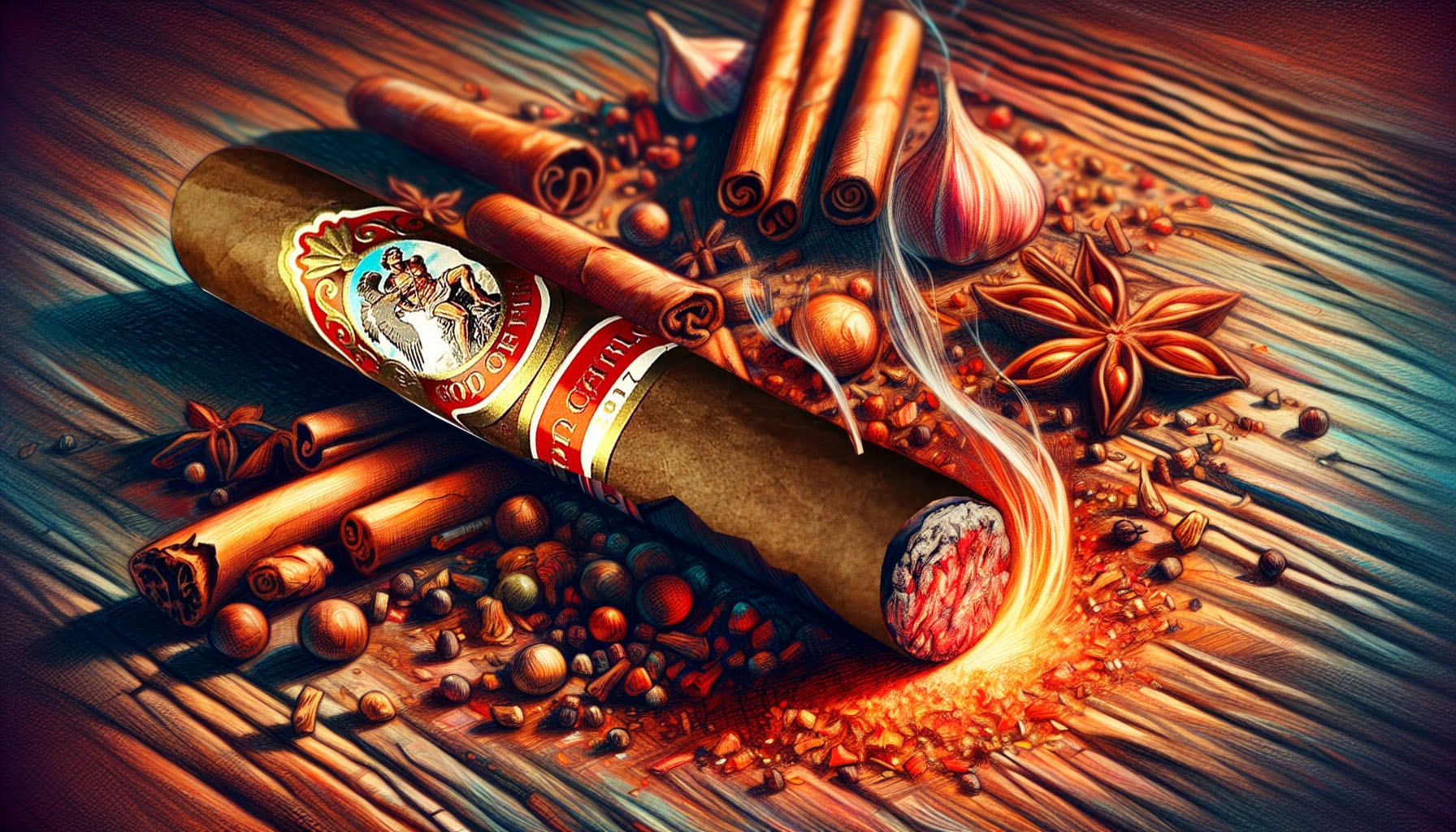 A colorful illustration of the God of Fire Carlito Double Robusto cigar, highlighting its robust flavor.