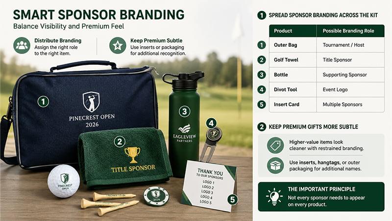Golf tournament sponsor branding plan showing different logo roles across the outer bag, towel, bottle, divot tool, and insert card