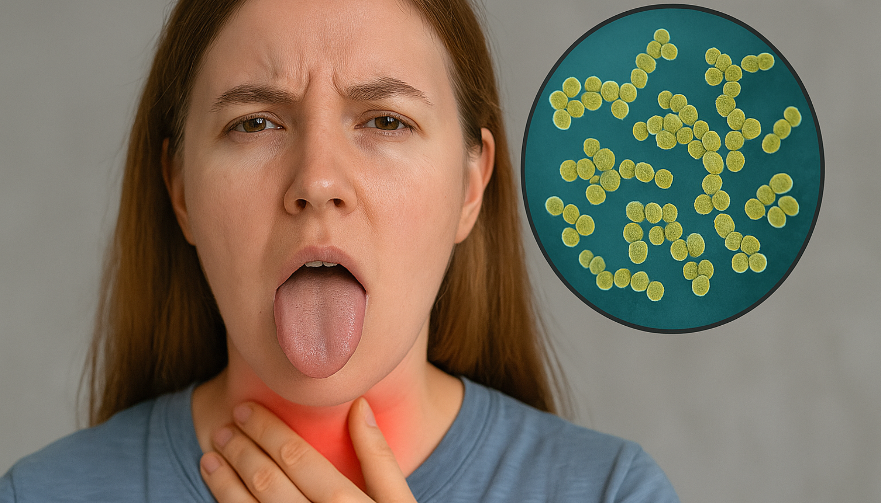 En kvinne med sår hals holder seg til nakken mens et innfelt bilde viser streptokokkbakterier mot en blå bakgrunn.