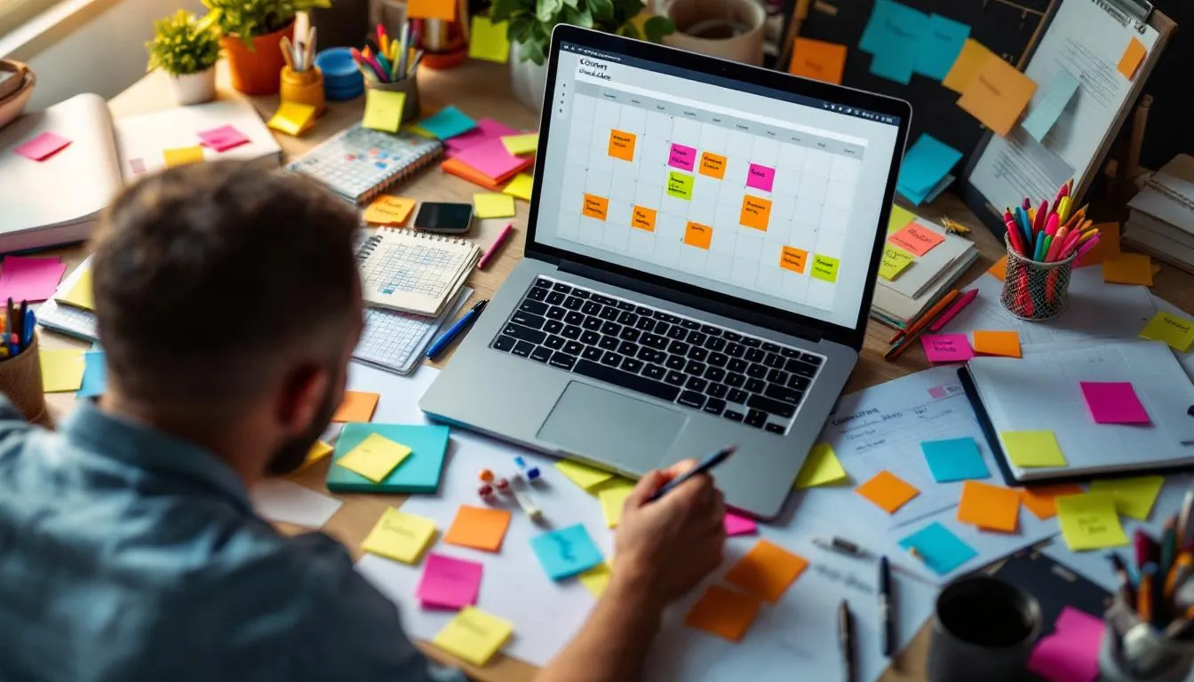 How to Create Blogs That Attract the Right Audience - A person is sitting at a desk, focused on their computer while creating a content calendar, surrounded by colorful sticky notes and planning materials. This scene captures the essence of developing a content strategy to engage readers and attract the right audience for their blog posts.