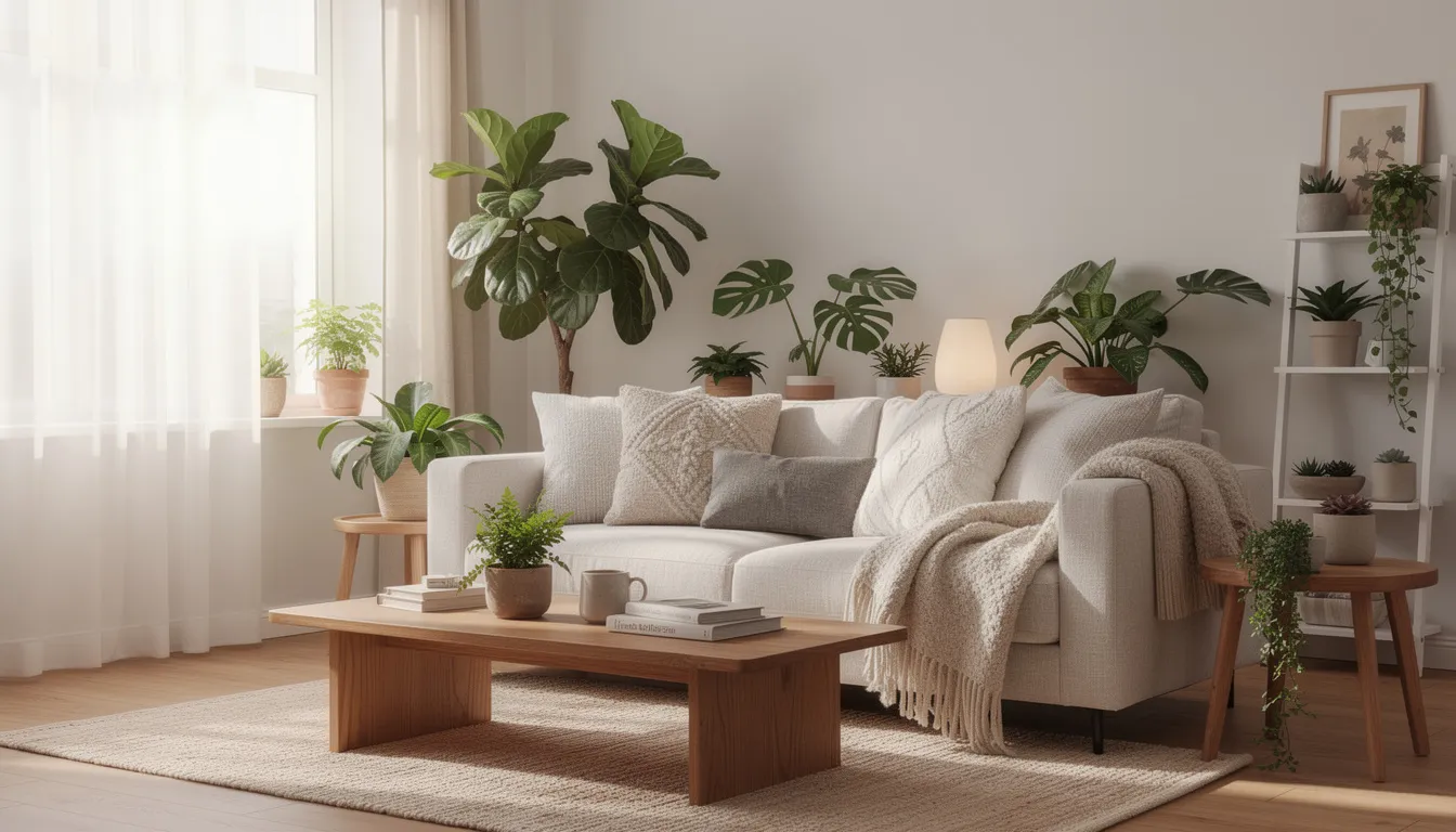 The image shows a cozy living room filled with natural light, featuring several indoor plants that enhance the space's air quality. This inviting environment is ideal for relaxation and promotes a healthy atmosphere, supporting efficient air purification and reducing airborne contaminants.