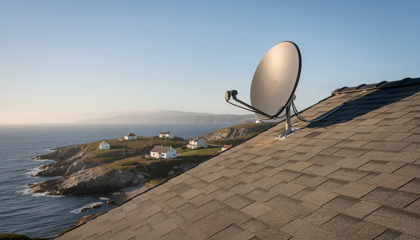 The image depicts a satellite dish mounted on a residential rooftop, with a vibrant blue sky above and a scenic coastal landscape in the background. This setup is essential for reliable DSTV installation, ensuring uninterrupted viewing and optimal signal reception for residents in Vredenburg.