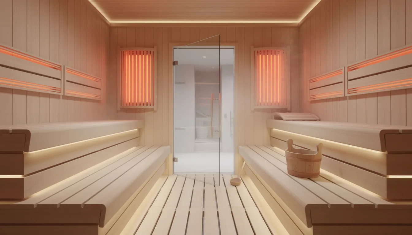 The image showcases a modern home sauna interior featuring sleek wooden benches and infrared panels, designed for effective infrared sauna therapy. This setup promotes muscle recovery and enhances cardiovascular health through improved blood circulation and heat exposure.