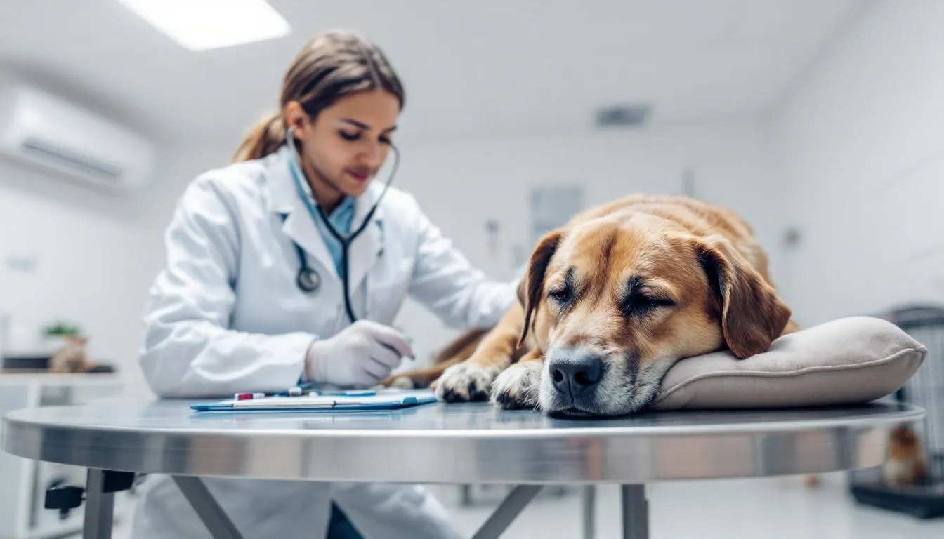 A veterinarian is examining a lethargic brown dog using a stethoscope, potentially assessing for signs of tick-borne diseases such as canine ehrlichiosis. The dog