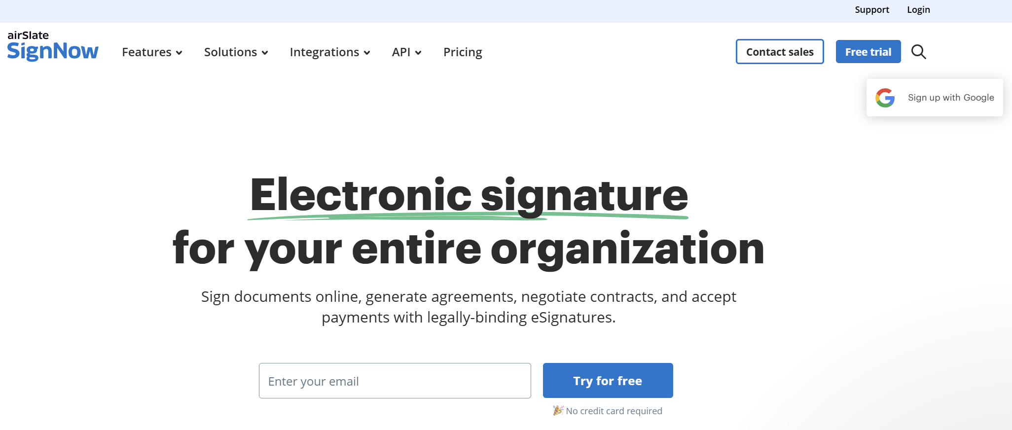 SignNow homepage featuring a headline that promotes electronic signatures for organizations.