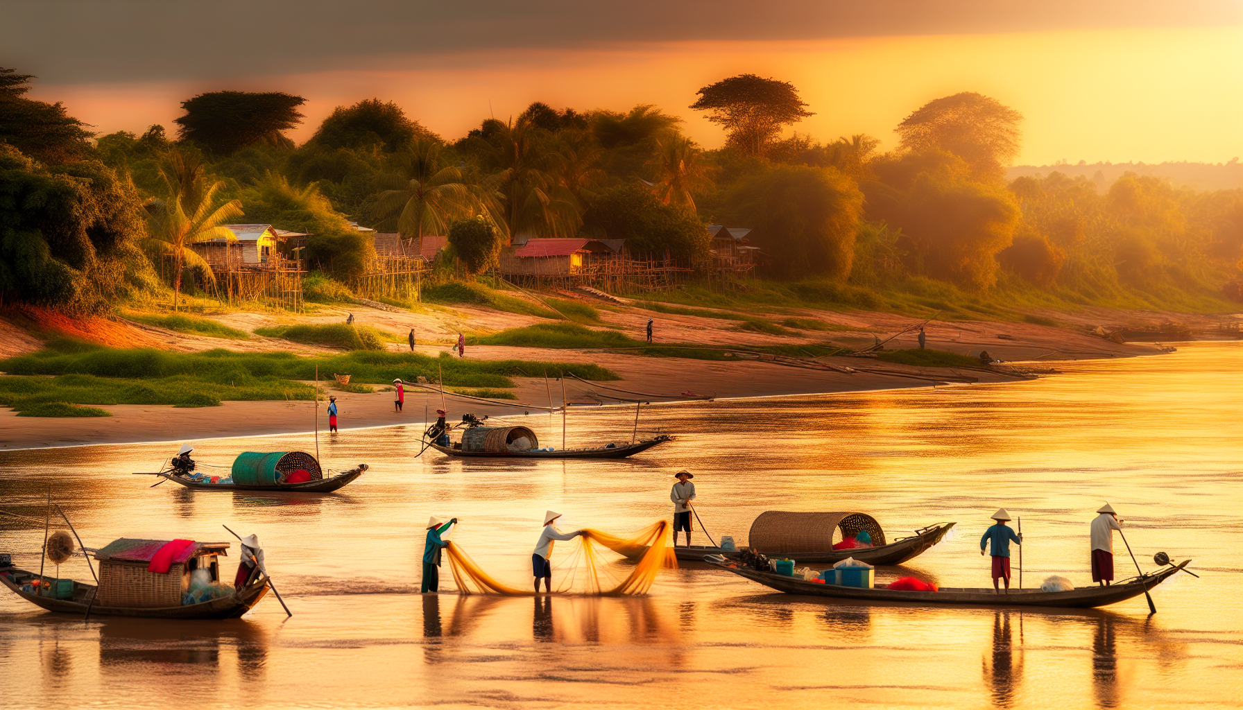 Scenic view of the Mekong River with traditional boats and lush landscapes