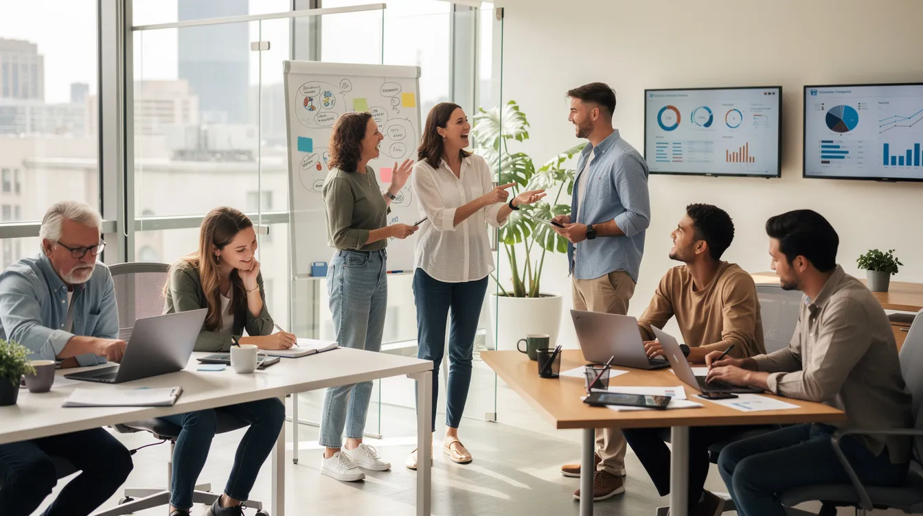 Eine Gruppe von Menschen unterschiedlicher Altersgruppen arbeitet gemeinsam in einem modernen Büro. Sie sind in verschiedenen Tätigkeiten beschäftigt, was die Flexibilität und Vielfalt der Arbeitsverhältnisse in einem Unternehmen widerspiegelt.