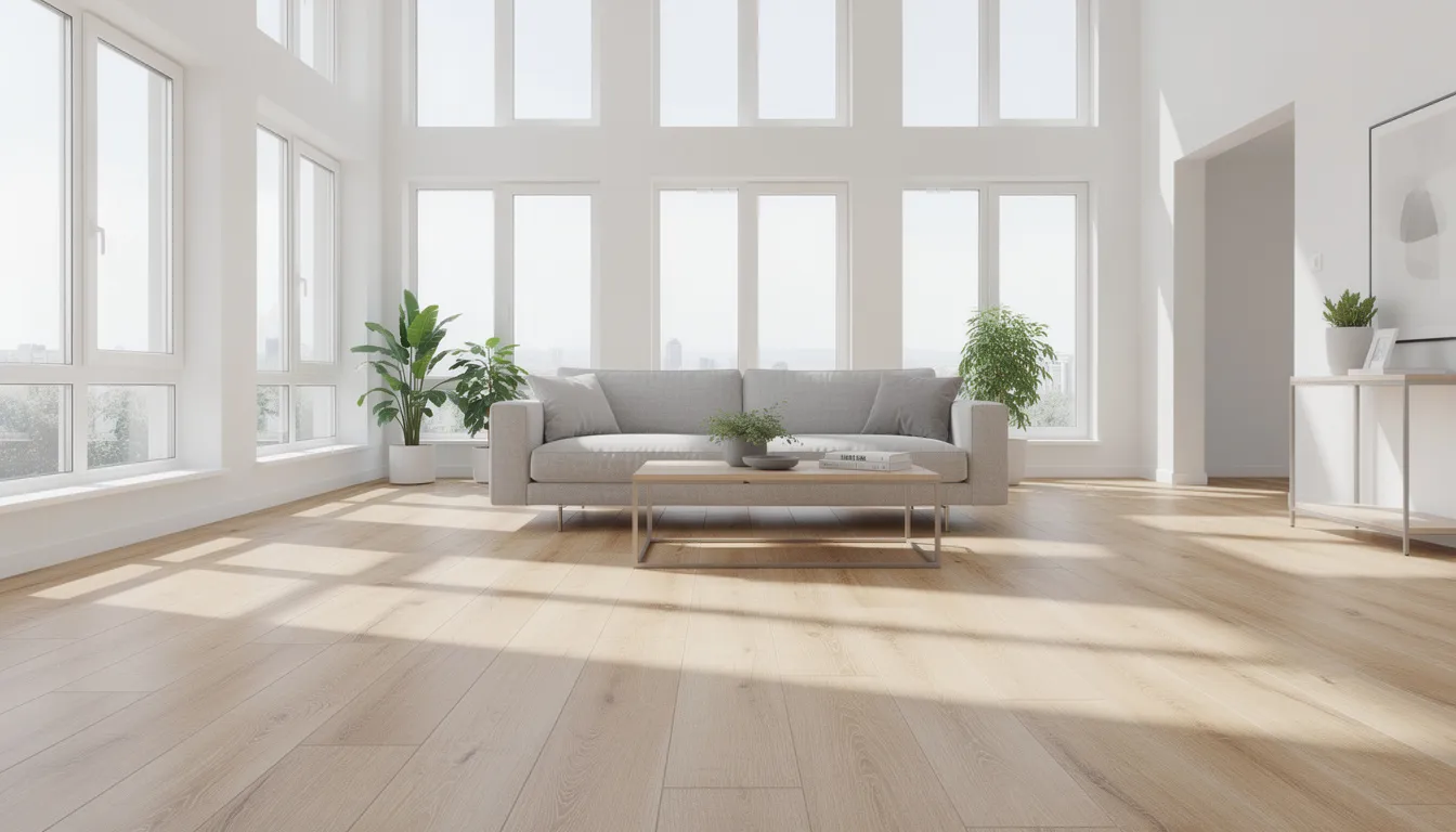 Un salon lumineux avec un carrelage effet bois en lames longues, créant une ambiance chaleureuse et moderne. L'espace est bien agencé, mettant en valeur les murs et les meubles, idéal pour un projet de rénovation à Saint Sébastien sur Loire.