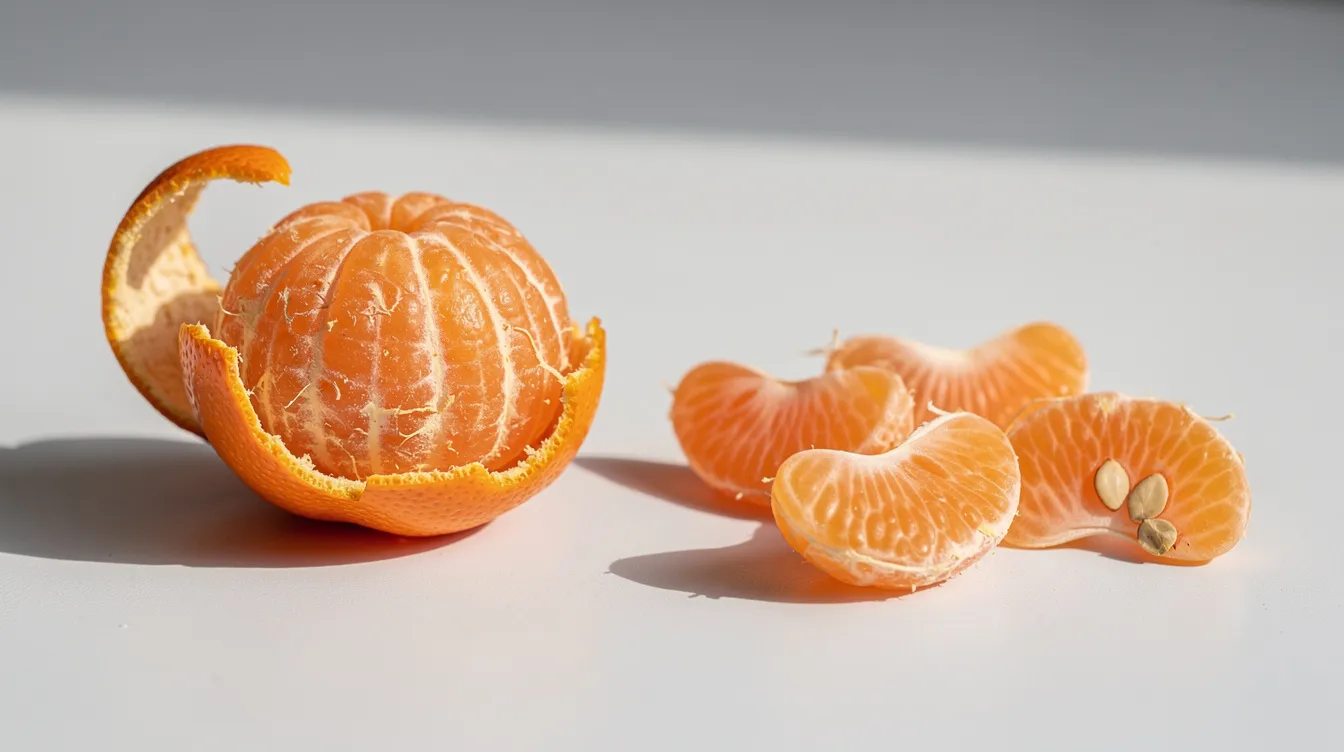 Auf der weißen Oberfläche liegt eine halbgeschälte Mandarine, umgeben von einzelnen Fruchtsegmenten, die kleine Kerne sichtbar haben. Diese Zitrusfrucht zeigt den Unterschied zwischen Mandarinen und Clementinen, da die Mandarine eine dünnere Schale und einen intensiveren Geschmack aufweist.