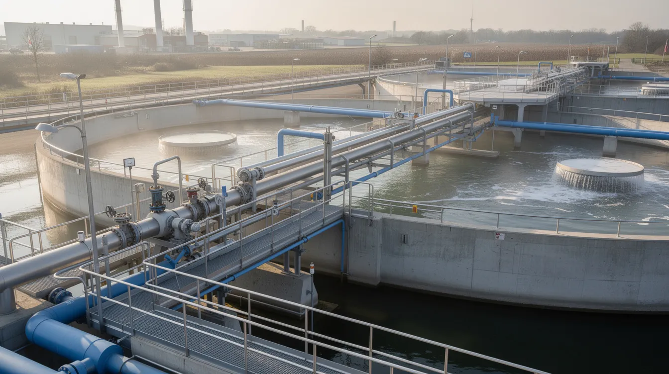 The image depicts large water treatment tanks and interconnected pipes at an industrial effluent treatment facility, essential for ensuring regulatory compliance in wastewater management. This setup is crucial for supporting various manufacturing processes, including those in the whey protein industry, where maintaining quality control and environmental standards is vital.