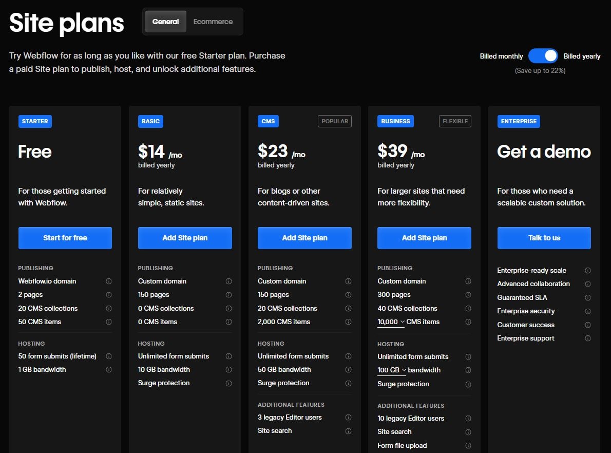 Webflow pricing