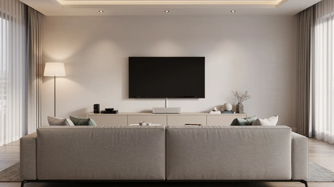The image depicts a professional TV mounting service in a living room, showcasing a flat-screen TV securely mounted on the wall with concealed cables for a clean look. This installation highlights the expertise of accredited DSTV installers in Knysna, ensuring an enhanced viewing experience without visible clutter.