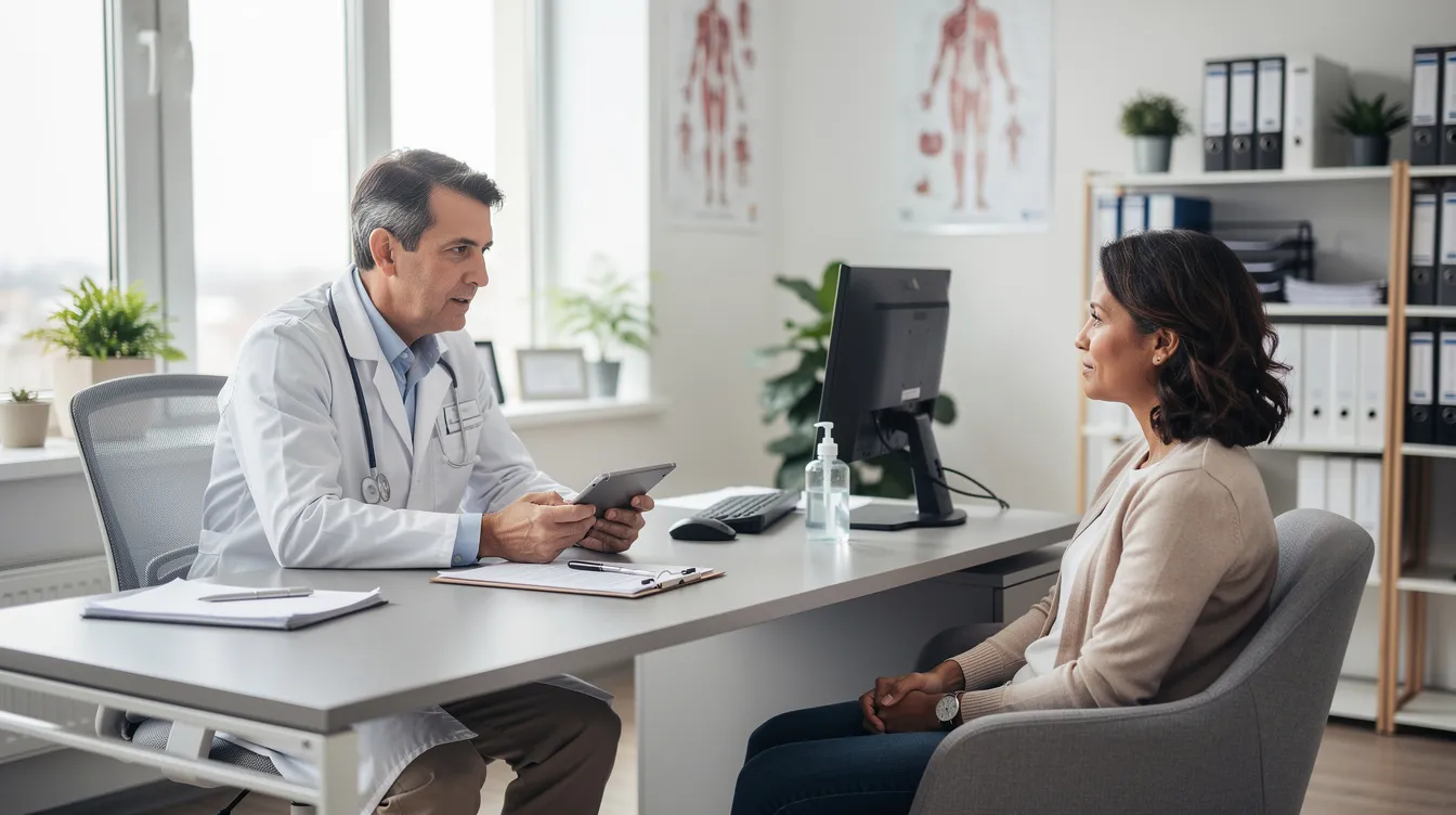 A doctor and patient are engaged in a consultation within a medical office, discussing various aspects of metabolic health, including lifestyle changes, diet, and exercise routines to improve overall health and longevity. The conversation likely touches on topics such as stress management, sleep quality, and the importance of blood tests for monitoring chronic disease risks.