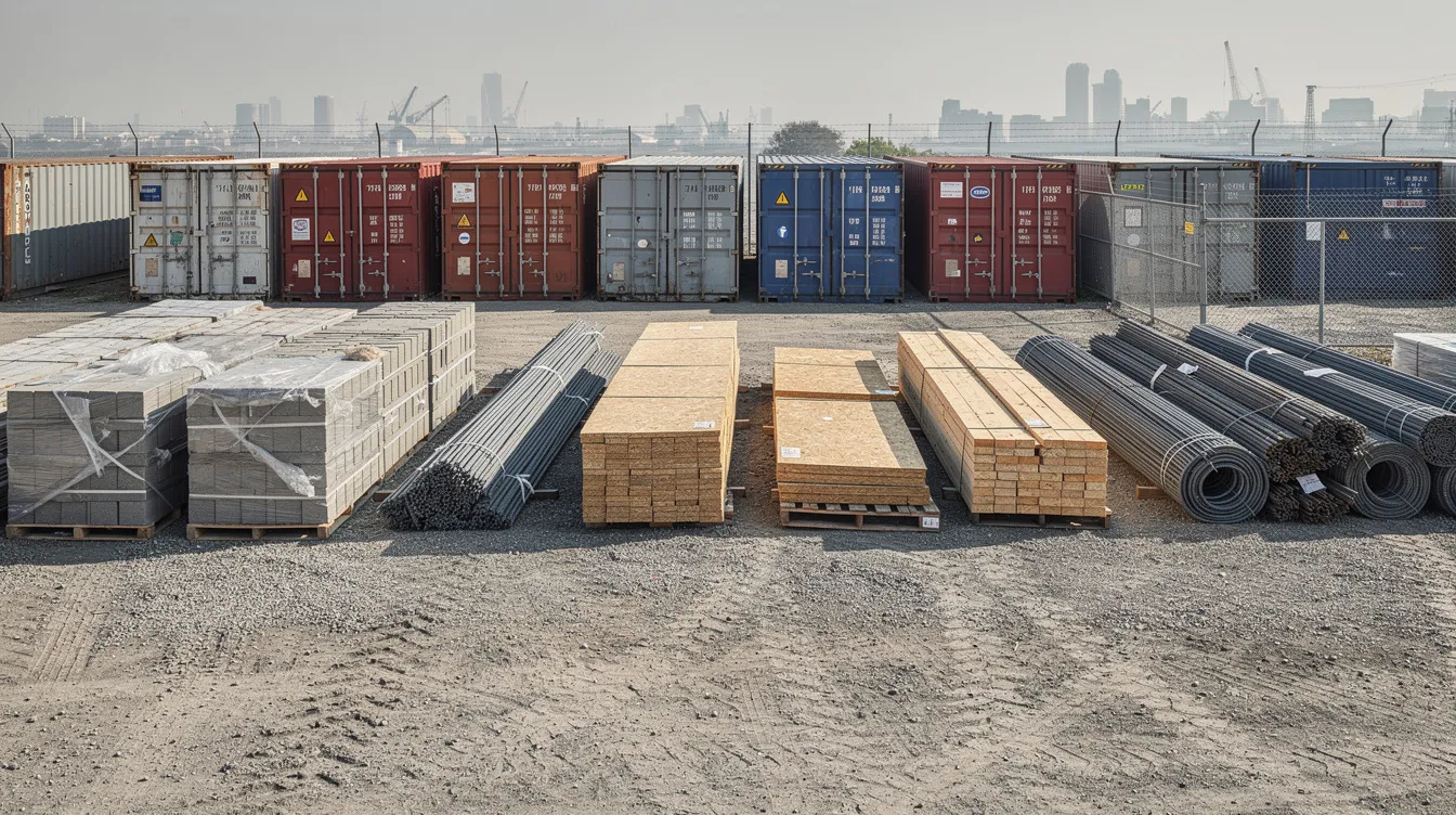 The image shows a warehouse laydown yard filled with stacked construction materials, while shipping containers are visible in the background. This scene highlights the importance of timely notice provisions and effective project management in the construction industry, especially when dealing with potential delay claims and ensuring compliance with contract requirements.