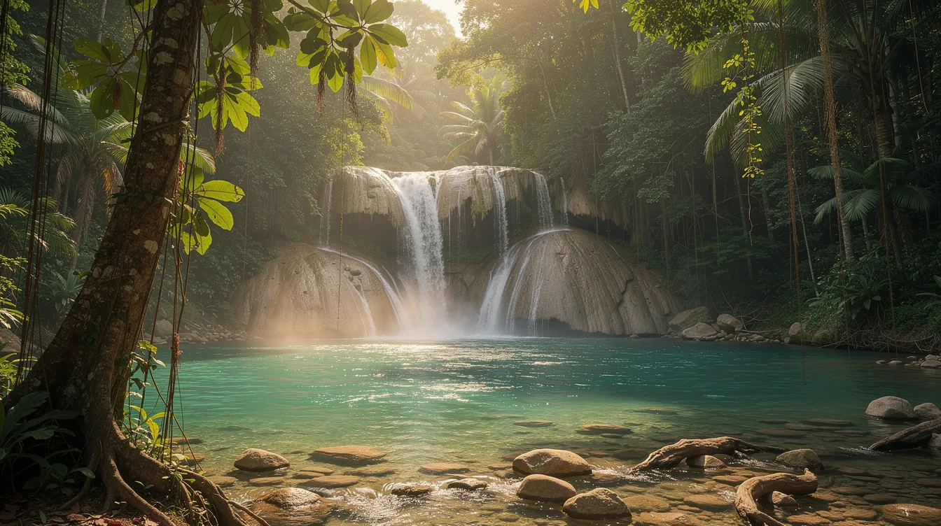Imagem de uma impressionante cachoeira na Tailândia, cercada por uma vegetação exuberante e rochas. A água cristalina desce em várias camadas, criando um cenário natural deslumbrante que é um dos muitos pontos turísticos do sudeste asiático.