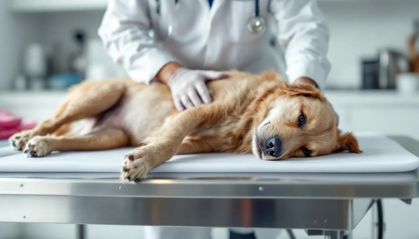A veterinarian is carefully examining a small goldendoodle on an examination table, ensuring the micro goldendoodle