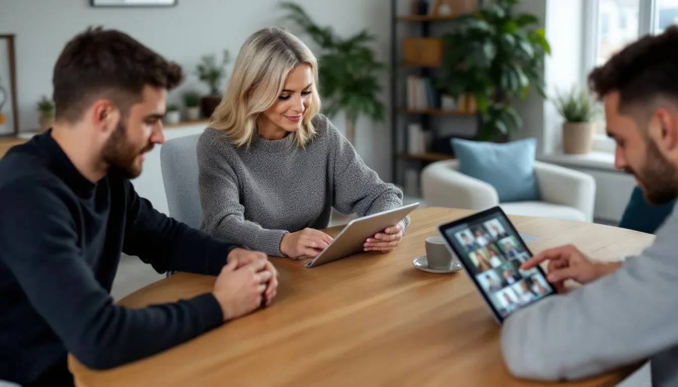Das Bild zeigt Erwachsene, die ein iPad verwenden, möglicherweise um sich über neue Technologien und deren Einsatz im Bildungsbereich zu informieren. Sie könnten sich in einem Klassenzimmer oder bei einer Schulveranstaltung befinden, wo das Interesse an künstlicher Intelligenz und deren Rolle im Unterricht diskutiert wird.
